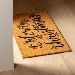 Zerbino natalizio 45x75 cm in coir Merry Christmas con bacche di agrifoglio