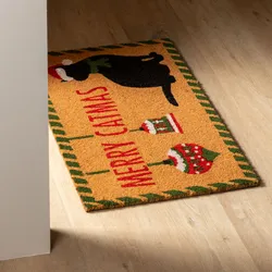 Zerbino natalizio 45x75 cm in coir Merry Christmas con disegno gatto