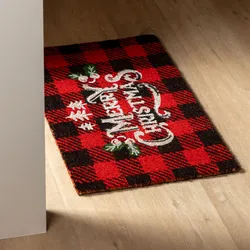 Zerbino natalizio 45x75 cm in coir Merry Christmas a quadri rossi
