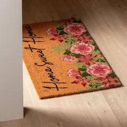 Zerbino 45x75 cm in coir Home Sweet Home con disegno fiori rosa