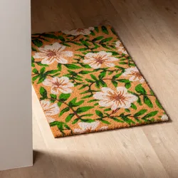 Zerbino 45x75 cm in coir con disegno fiori bianchi