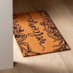 Zerbino 45x75 cm in coir Welcome marrone e nero con fiori