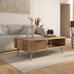 Tavolino 118x45h cm in legno di acacia cannettato con vano a giorno e 2 cassetti - Gunadi