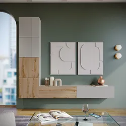 Parete attrezzata sospesa 250 cm cashmere opaco cannettato e rovere con 4 pensili - Ingrid