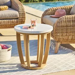 Tavolino da giardino rotondo 50 cm in legno di eucalipto con top decoro terrazzo - Patagonia
