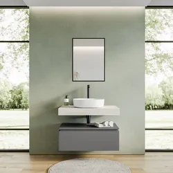 Mobile bagno sospeso 80 cm grigio grafite con top rovere bianco e specchio - Nesly