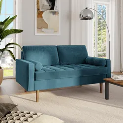 Divano 2 posti in velluto blu petrolio con gambe in legno - Bond