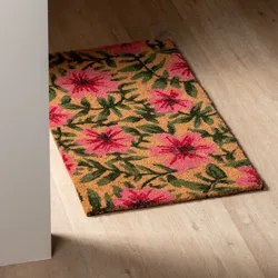 Zerbino 45x75 cm in coir con disegno prato fiorito rosa