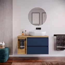 Mobile bagno sospeso 110 cm blu satinato con top rovere gold e toletta reversibile con specchio - Anami