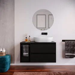 Mobile bagno sospeso 110 cm nero satinato con top e toletta reversibile con specchio - Anami