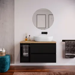 Mobile bagno sospeso 110 cm nero satinato con top rovere gold e toletta reversibile con specchio - Anami