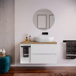 Mobile bagno sospeso 110 cm white satinato con top rovere gold e toletta reversibile con specchio - Anami