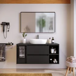 Mobile bagno sospeso 120 cm nero satinato con vano a giorno con toletta e top con specchio - Anami