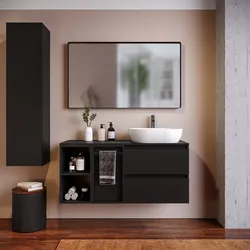 Mobile bagno sospeso 120 cm nero satinato con toletta vano a giorno con top e specchio - Anami