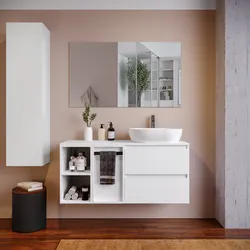 Mobile bagno sospeso 120 cm white satinato con toletta e vano a giorno e top con specchio - Anami