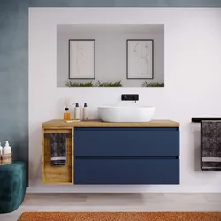 Mobile bagno sospeso 130 cm blu satinato con top rovere gold e toletta reversibile con specchio - Anami