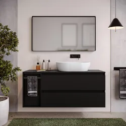 Mobile bagno sospeso 130 cm nero satinato con top e toletta reversibile con specchio - Anami