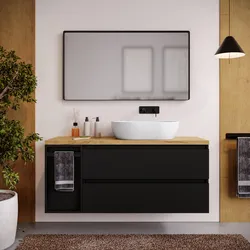 Mobile bagno sospeso 130 cm nero satinato con toletta reversibile e top rovere gold e specchio - Anami