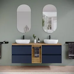 Mobile bagno sospeso 150 cm blu satinato con top rovere gold e toletta reversibile con specchio - Anami