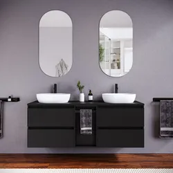 Mobile bagno sospeso 150 cm nero satinato con top e toletta con specchio - Anami