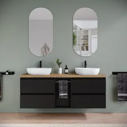 Mobile bagno sospeso 150 cm nero satinato con top rovere gold e toletta reversibile con specchio - Anami