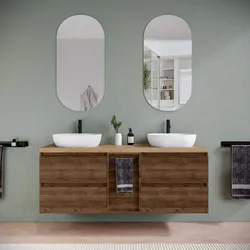 Mobile bagno sospeso 150 cm noce maya con top rovere gold e toletta reversibile con specchio - Anami