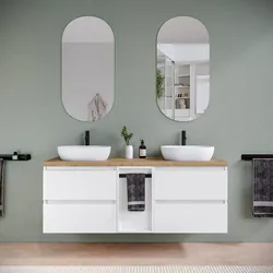 Mobile bagno sospeso 150 cm white satinato con top rovere gold e toletta reversibile con specchio - Anami