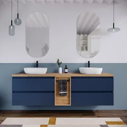 Mobile bagno sospeso 190 cm blu satinato con top rovere gold e toletta reversibile con specchio - Anami