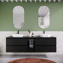 Mobile bagno sospeso 190 cm nero satinato con top e toletta con specchio - Anami