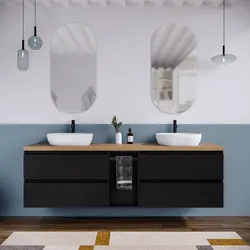 Mobile bagno sospeso 190 cm nero satinato con top rovere gold e toletta reversibile con specchio - Anami