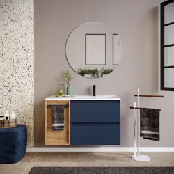 Mobile bagno sospeso 90 cm blu satinato con lavabo dx e toletta rovere africa con specchio - Anami