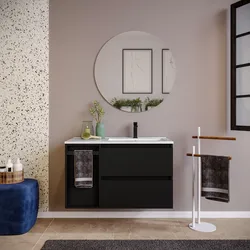 Mobile bagno sospeso 90 cm nero satinato con lavabo dx e toletta con specchio - Anami