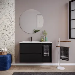 Mobile bagno sospeso 90 cm nero satinato con lavabo sx e toletta con specchio - Anami