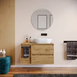 Mobile bagno sospeso 90 cm rovere gold con top e toletta reversibile con specchio - Anami
