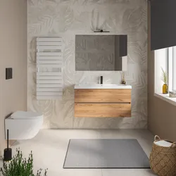 Mobile bagno sospeso 100 cm rovere gold con 2 cassetti e lavabo in ceramica con specchio - Cuki