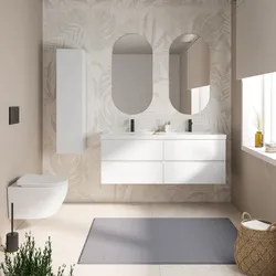 Mobile bagno sospeso 140 cm bianco opaco con 4 cassetti e lavabo in resina con specchio - Cuki