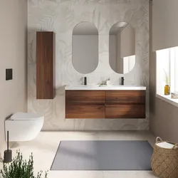 Mobile bagno sospeso 140 cm rovere deciso con 4 cassetti e lavabo in resina con specchio - Cuki
