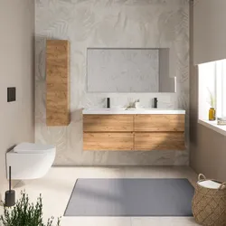 Mobile bagno sospeso 140 cm rovere gold con 4 cassetti e lavabo in resina con specchio - Cuki