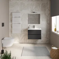 Mobile bagno sospeso 70 cm nero opaco con 2 cassetti e lavabo in ceramica con specchio - Cuki