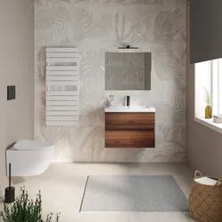Mobile bagno sospeso 70 cm rovere deciso con 2 cassetti e lavabo in ceramica con specchio - Cuki