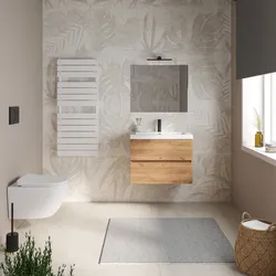 Mobile bagno sospeso 70 cm rovere gold con 2 cassetti e lavabo in ceramica con specchio - Cuki