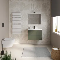Mobile bagno sospeso 70 cm verde cemento con 2 cassetti e lavabo in ceramica con specchio - Cuki