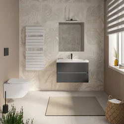 Mobile bagno sospeso 80 cm antracite con 2 cassetti e lavabo in ceramica con specchio - Cuki