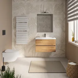 Mobile bagno sospeso 80 cm rovere gold con 2 cassetti e lavabo in ceramica con specchio - Cuki