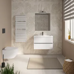 Mobile bagno sospeso 90 cm bianco opaco con 2 cassetti e lavabo in ceramica con specchio - Cuki
