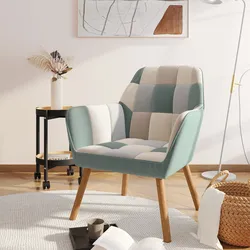 Poltrona scandinava in tessuto patchwork multicolor celeste con schienale avvolgente - Copenaghen