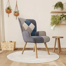 Poltrona scandinava in tessuto patchwork multicolor blu con schienale alto - Copenaghen