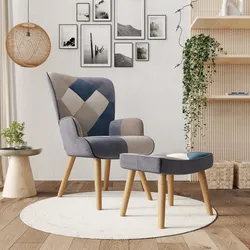Poltrona scandinava in tessuto patchwork multicolor blu con poggiapiedi - Copenaghen