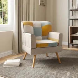 Poltrona scandinava in tessuto patchwork multicolor giallo e gambe in legno - Copenaghen