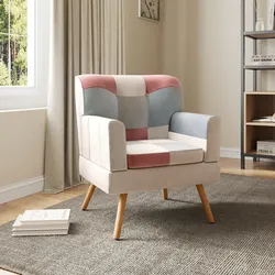 Poltrona scandinava in tessuto patchwork multicolor rosa e gambe in legno - Copenaghen
